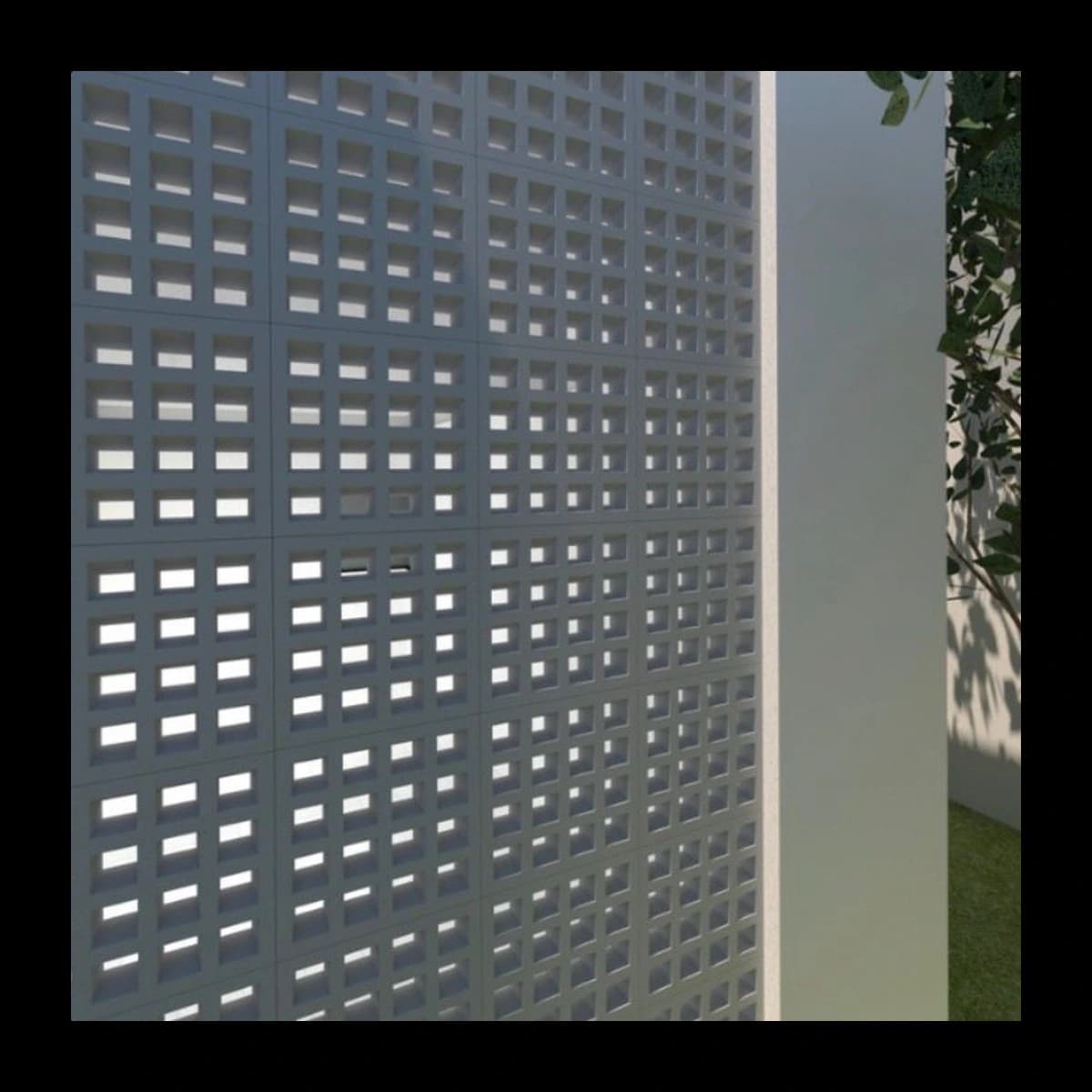 Cobogó modelo Antichuva em concreto pré-moldado · muro construído com módulos Antichuva em série, padrão de pequenos quadrados vazados em malha regular, ambiente externo com sombras suaves e vegetação ao fundo · Central do Concreto Ivoti RS