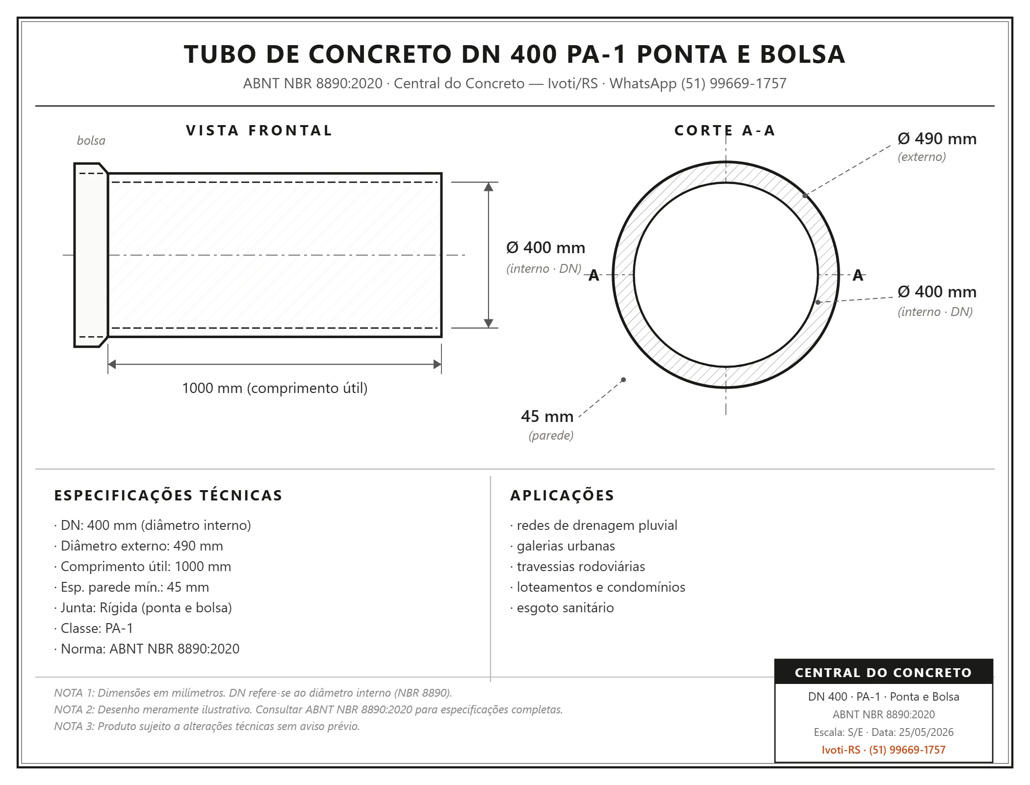 Ficha técnica · tubo de concreto DN 400 PA-1 ponta e bolsa · norma ABNT NBR 8890:2020