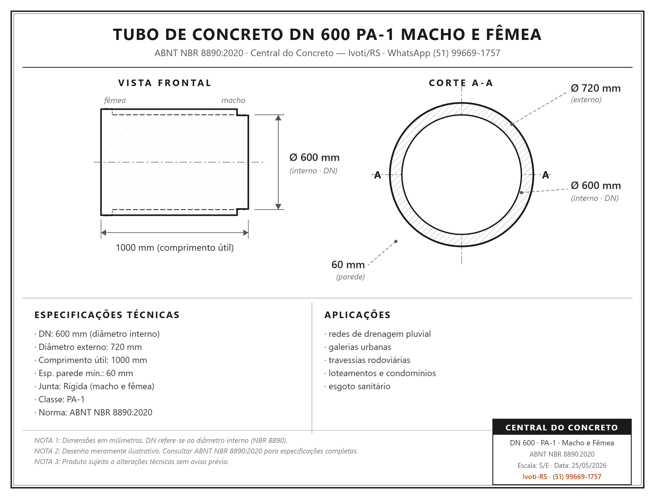 Ficha técnica · tubo de concreto DN 600 PA-1 macho e fêmea · norma ABNT NBR 8890:2020